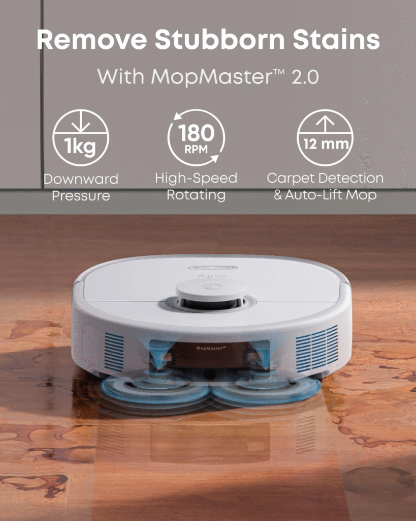 Eufy Clean X10 Pro Omni exploring the hardwood picking dust on its mapping.