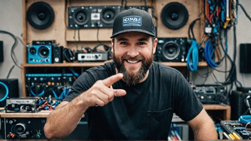 SOUND TECHNICIAN IN HIS WORKSHOP. IN THE BACKGROUND ARE DIFFERENT SPEAKERS MOUNTED ON WALL